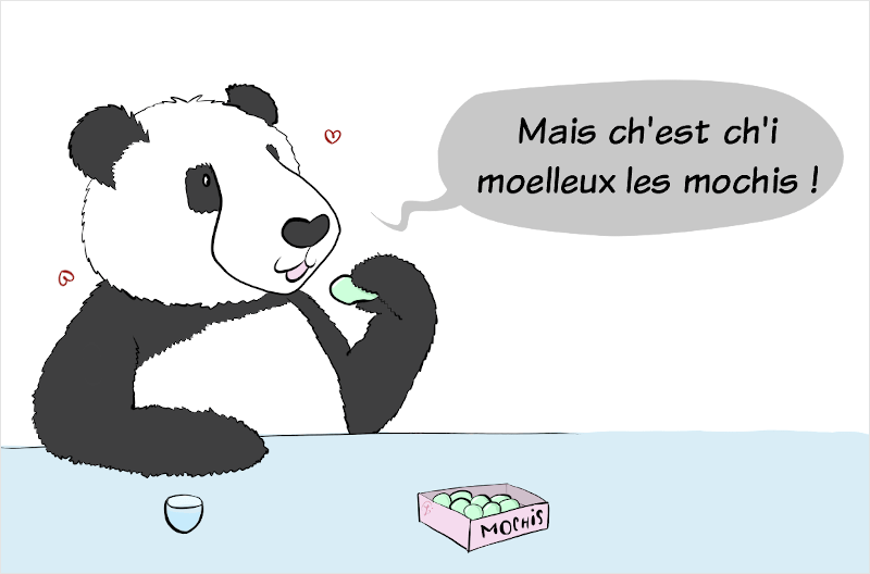 BD HotPanda, case : Moustache le panda parle la bouche pleine :'Mais ch'est ch'i moelleux les mochis !' avec des coeurs autour de lui
